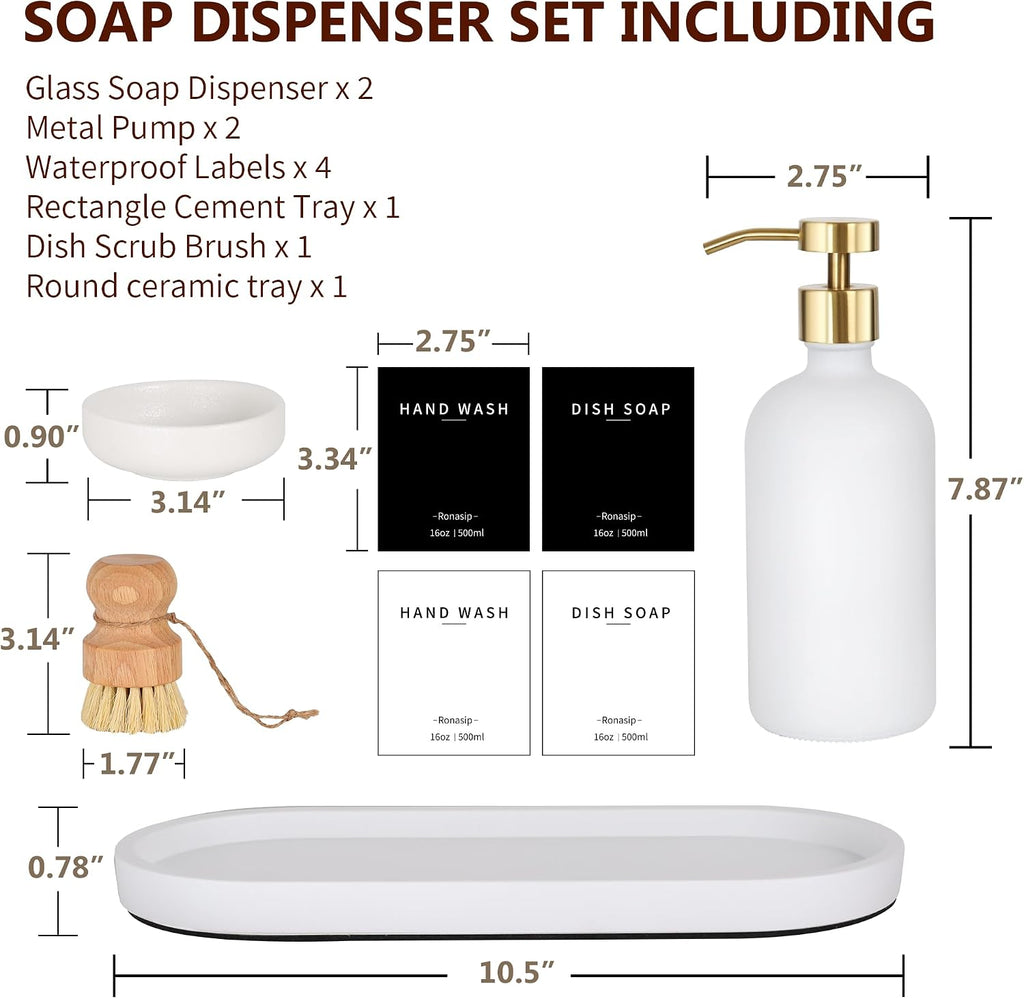 Ronasip Set of 5 Kitchen Soap Dispenser Set 16 Oz Glass Hand Dish Soap Dispenser with Stainless Steel Pump, Cement Tray, Dish Scrub Brush for Farmhouse Rustic Home Bathroom Decor (White)