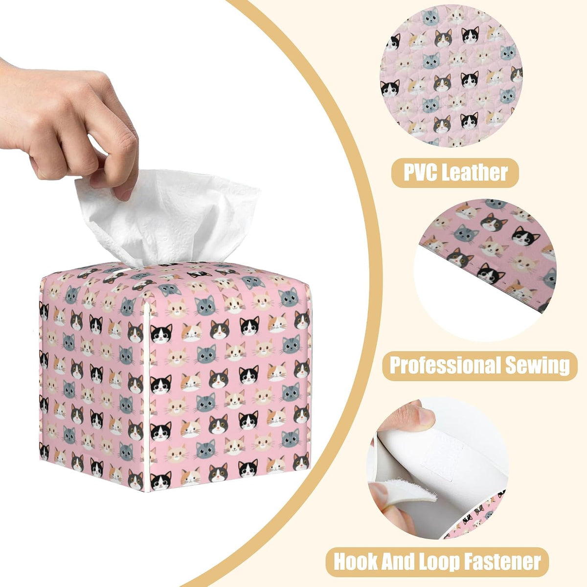Leather Tissue Box Holder Cute Cat Faces Tissue Box Cover Facial Paper Case Organizer Cube Napkin Dispenser for Bathroom Vanity Countertop Night Stand Office Car