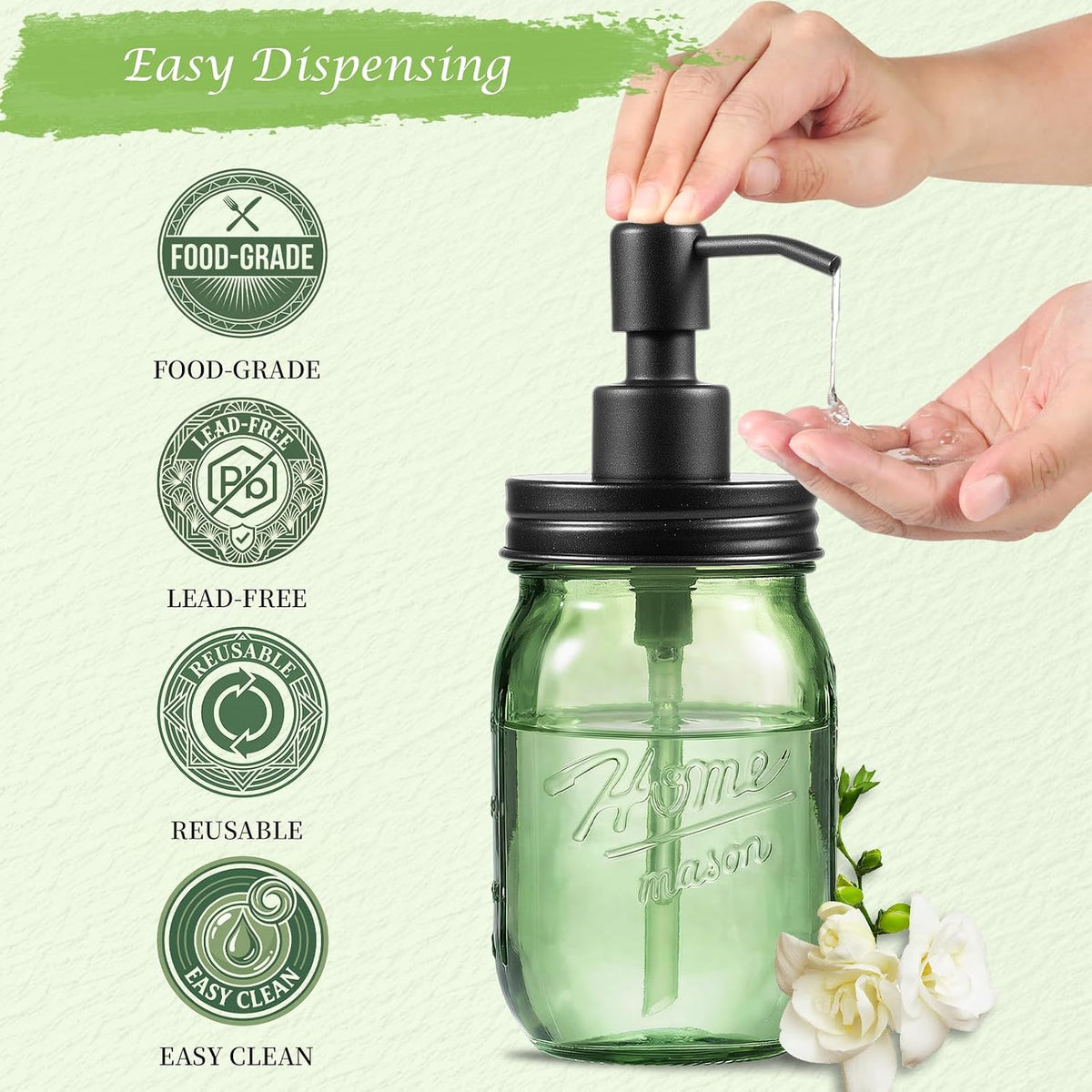 Amolliar Green Glass Mason Jar Liquid Soap Dispenser, 16OZ, Black 2 Pack