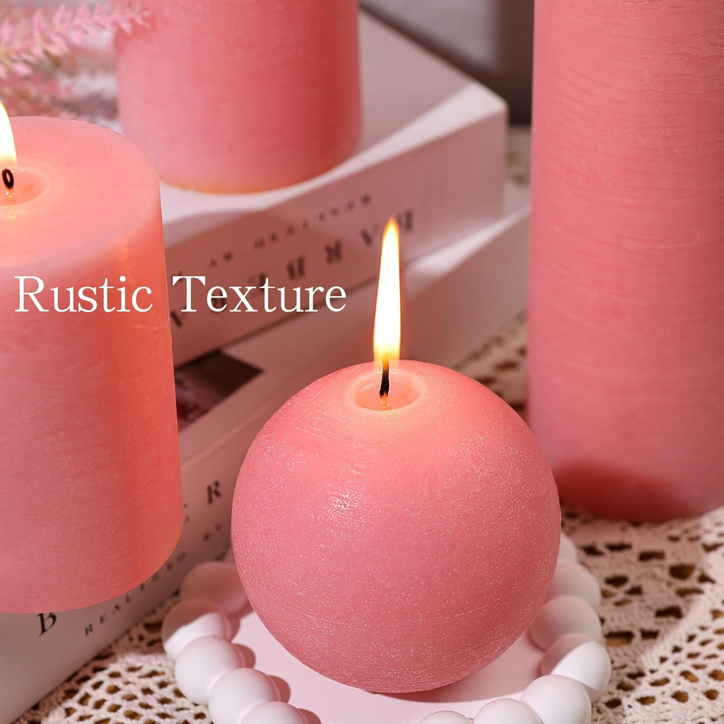 Pink Textured Pillar Candles Set - 4 Pcs Assorted Sizes Rustic Unscented Pillar Candle, Decorative Farmhouse Candles for Home Centerpiece Decor, Holiday Dinner Table, Dripless & Smokeless
