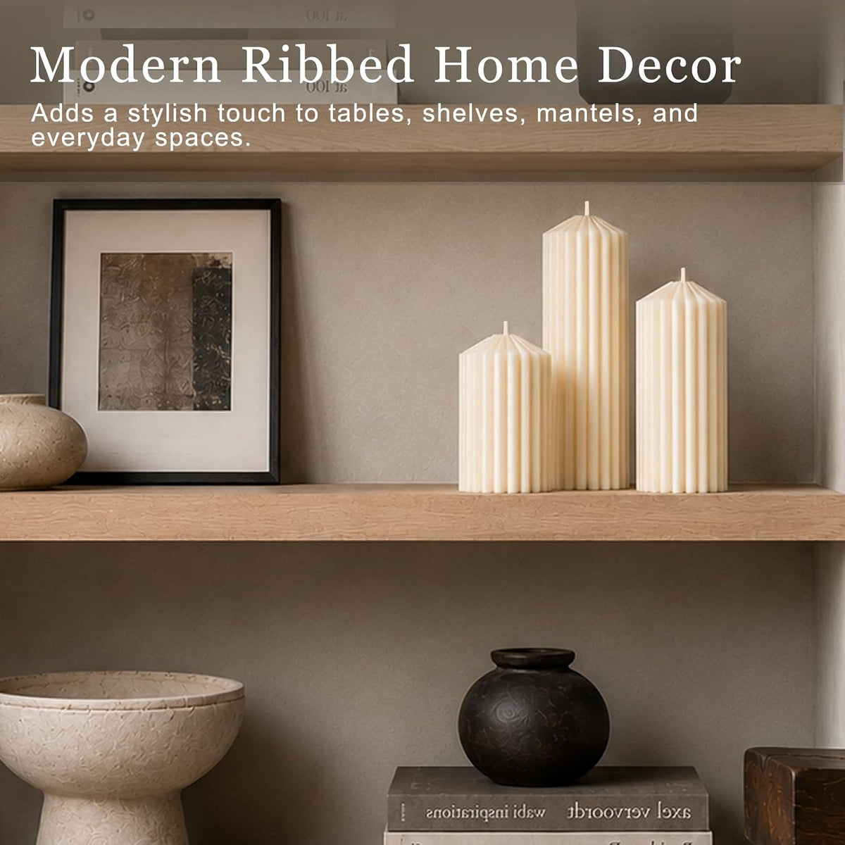 Cream White Ribbed Decorative Pillar Candles, 3 Pack,2.8 x 4/6/8 in,Soy Wax