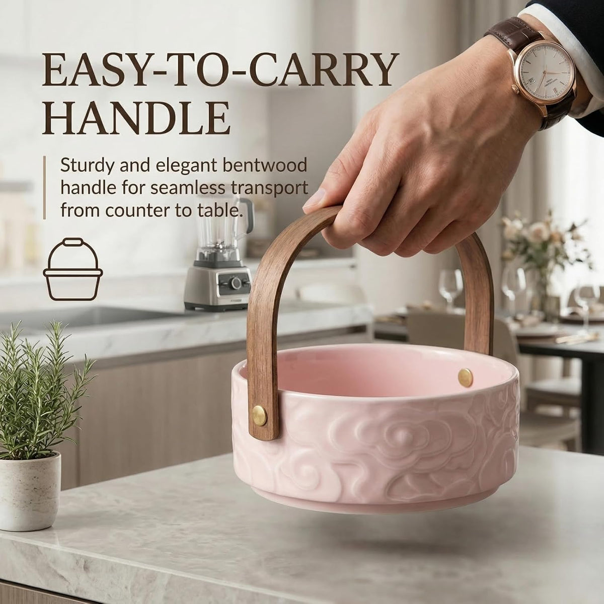 4.7 Inch Ceramic Berry Basket - Cloud Pattern Ceramic Fruit Bowl, Ceramic Snack Bowl With Wooden Handle - Pink Ceramic