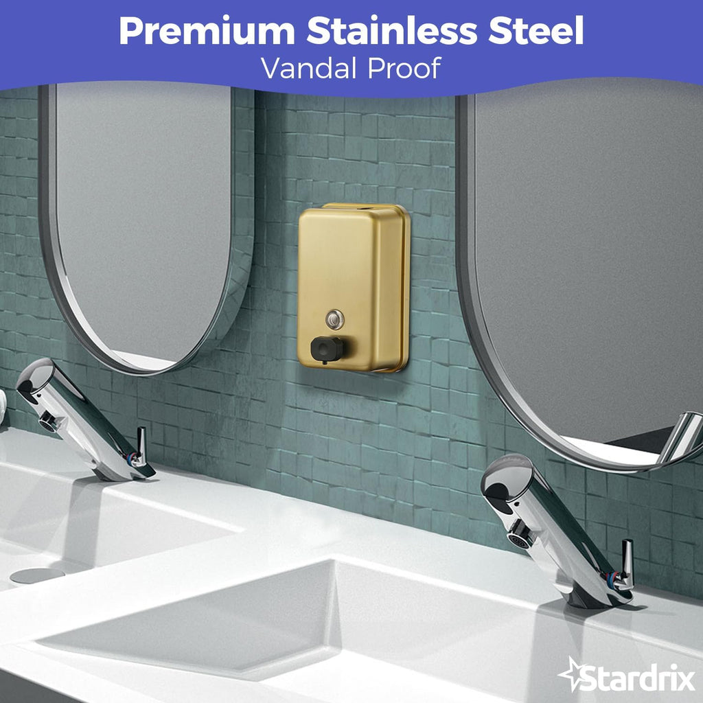 Stardrix Brushed Gold Stainless Steel Vertical 1100ml/37oz Capacity Commercial-Grade Soap Dispenser, Wall-Mounted Bathroom Hand Soap Dispenser with Corrosion-Proof Lining and Anti-Leak Pump