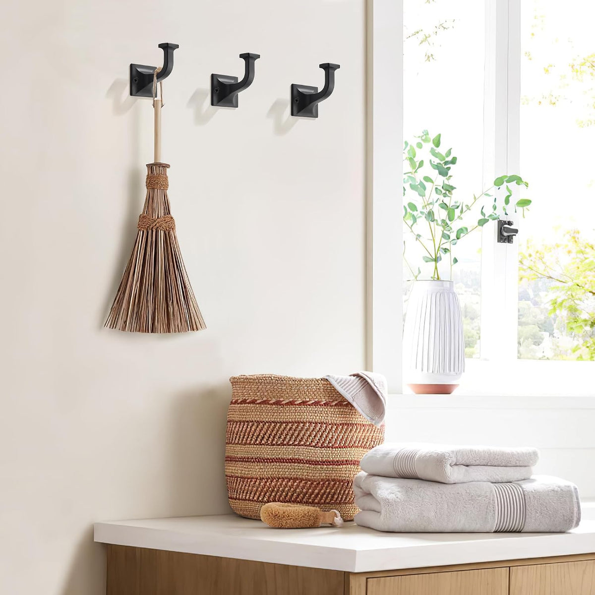 SAILING 5 Pack Coat Hooks - Matte Black Robe Hooks Decorative Wall Hooks for Bathroom Bedroom Kitchen Towel Robe Clothes Cabinet Closet Bathroom Hardware