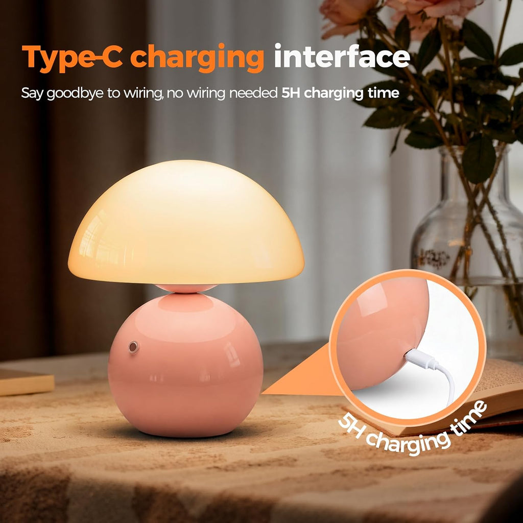 NIORSUN Mushroom Lamp Table Lamp for Bedroom, Portables Cordless Table Lamp,Wireless lamp,Small Bedside Table Touch Lamps for Living Room,Mini Mushroom 5200mAh Battery Operated Lamp Modern Pink