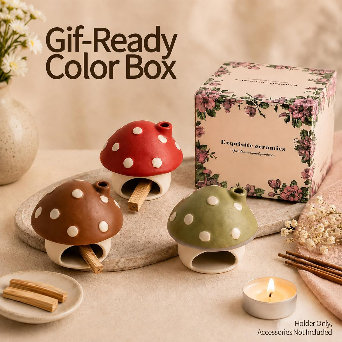 Ceramic Mushroom Incense Burner Palo Santo Sage Holder Home Decor