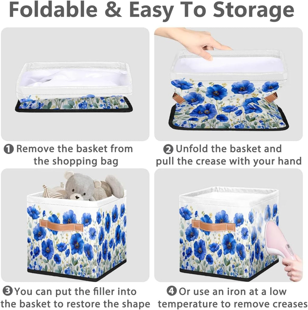 11 Inch Fabric Storage Cube with Handles, Navy Blue Flower Collapsible Storage Basket for Shelves, Square Storage Bin Canvas Closet Organizer for Decor