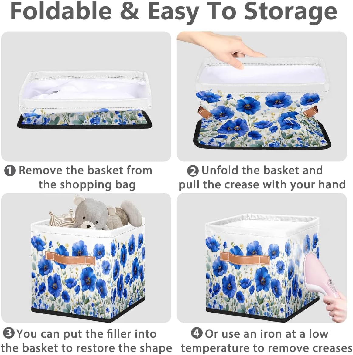 11 Inch Fabric Storage Cube with Handles, Navy Blue Flower Collapsible Storage Basket for Shelves, Square Storage Bin Canvas Closet Organizer for Decor