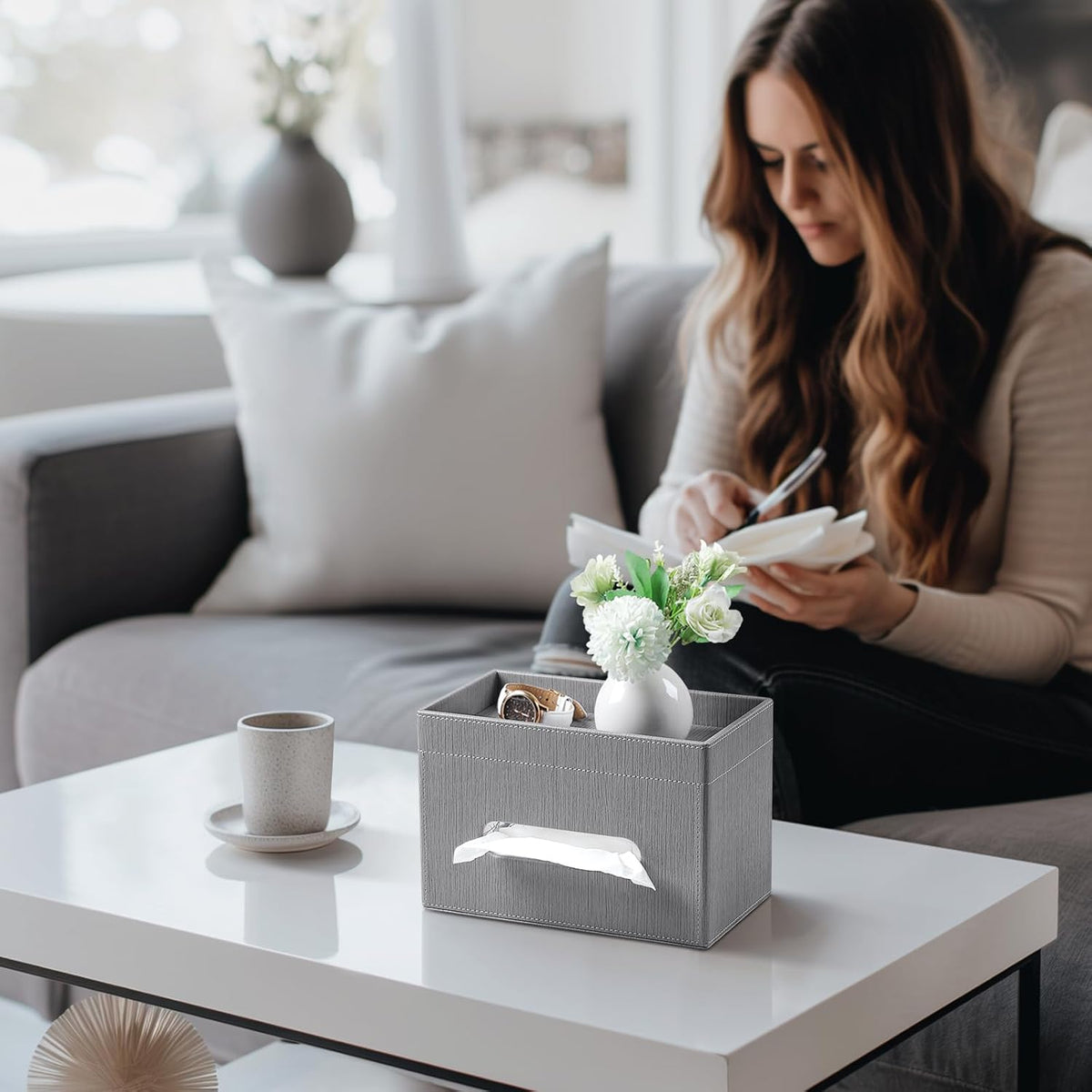 Plus Size Tissue Box Cover, Rectangle Tissue Box Organizer, Grey
