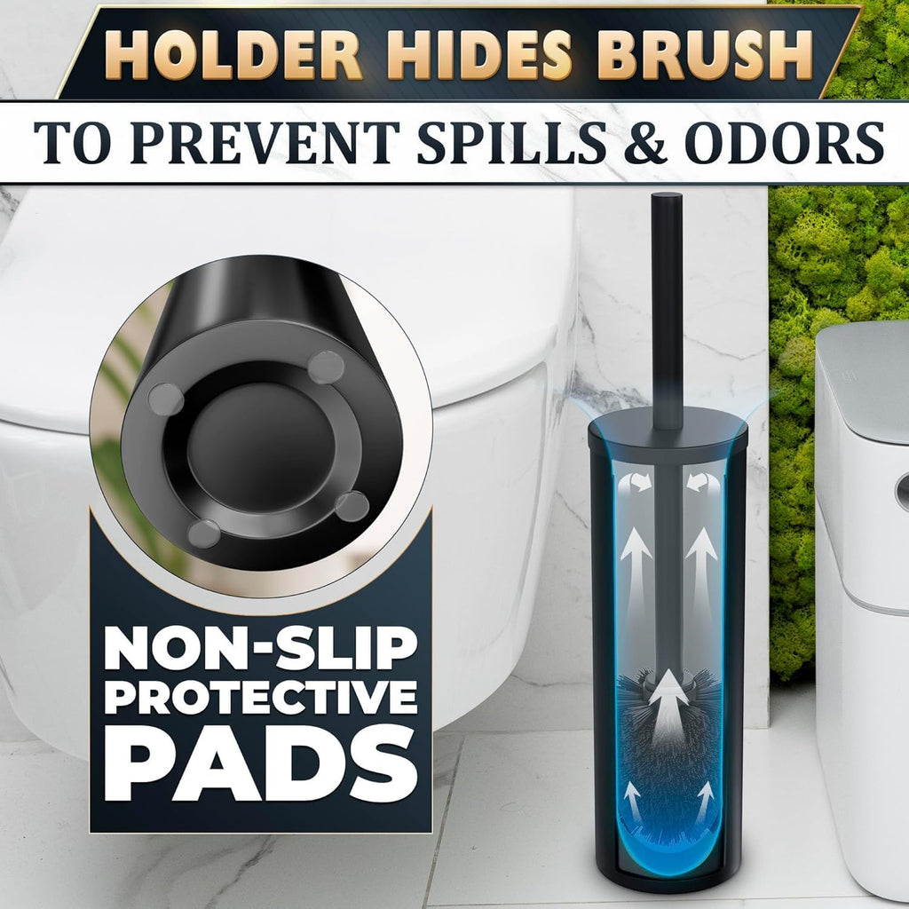 Black Toilet Brush and Holder Set, Freestanding, Splash Protection