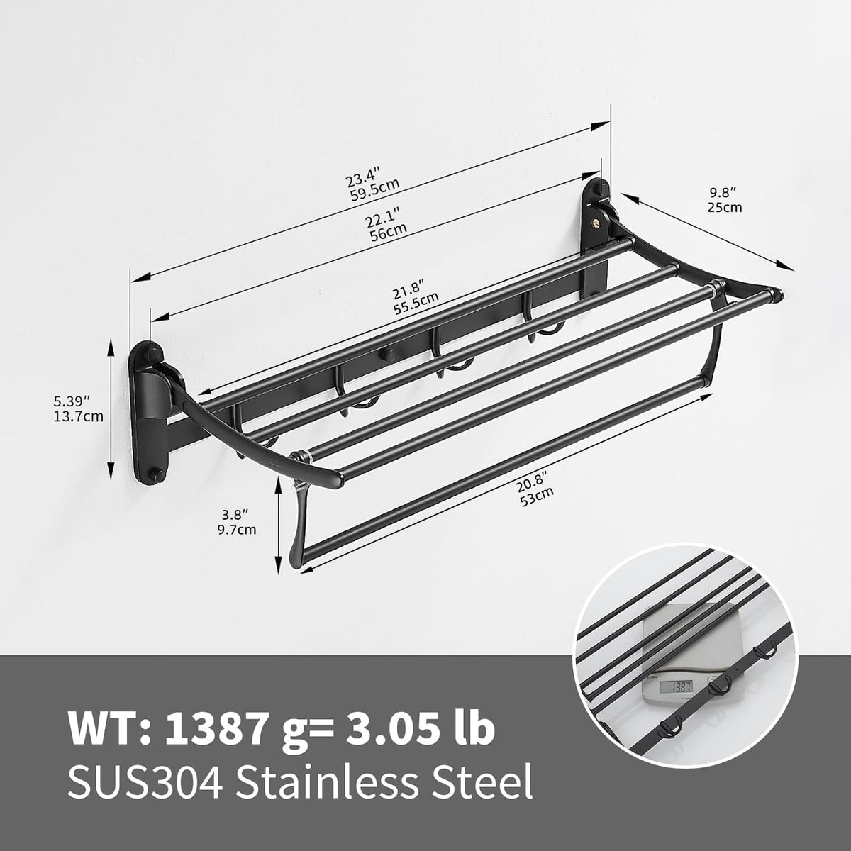 BESy Towel Racks with Foldable Towel Bar Hooks, Wall Mounted Matte Black