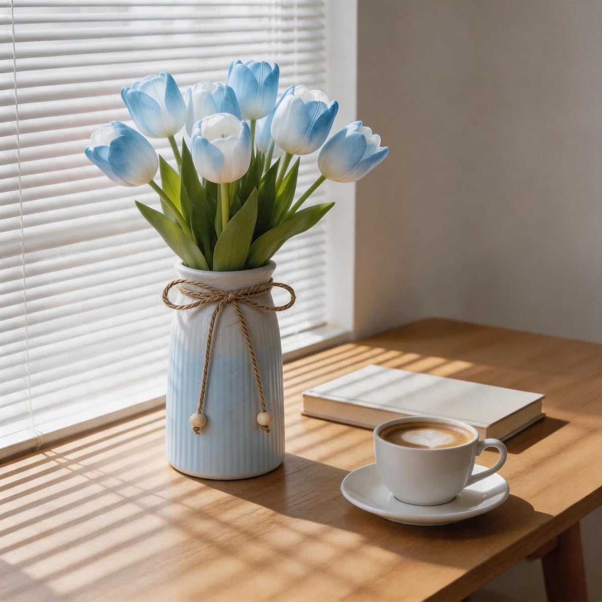 Small Ceramic Vase for Home Decor, 6" Farmhouse Ribbed Vase with Twine Bow, Blue Decorative Flower Vase for Pampas Grass, Rustic Boho Vase for Table, Shelf, Living Room, Office