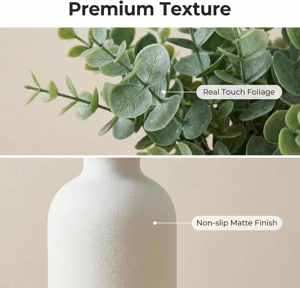 7Pcs 12" Artificial Sage Eucalyptus in Frosted Ceramic Vase for Desk Decor