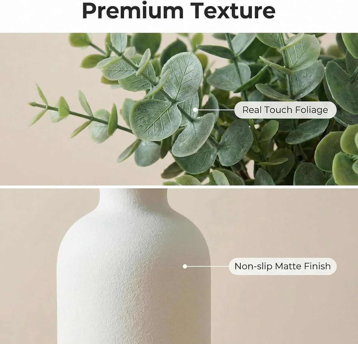 7Pcs 12" Artificial Sage Eucalyptus in Frosted Ceramic Vase for Desk Decor
