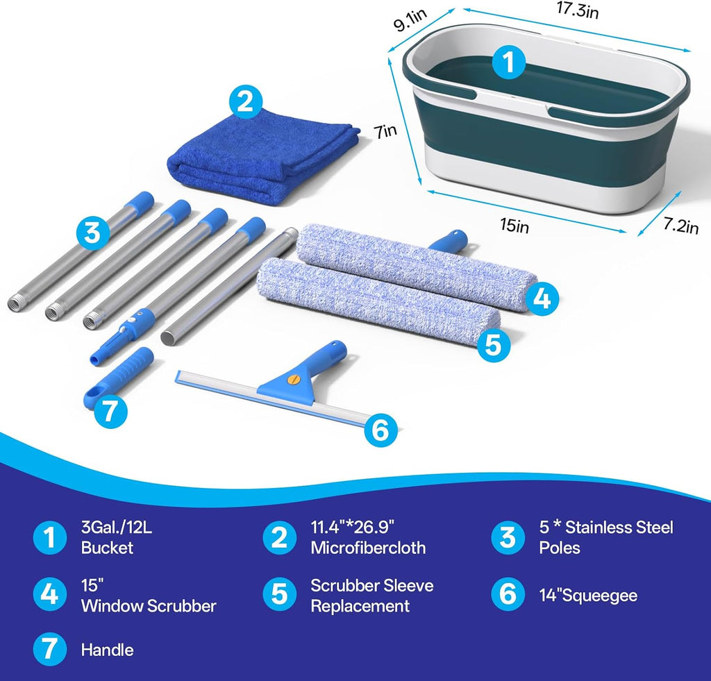 Professional Window Glass Cleaning Kit with 14" Window Squeegee & 15" Scrubber, 3 Gallon Collapsible Bucket, 76 Inch Spliced Pole Complete Glass Washing Tools for Indoor Outdoor Home Car Cleaning