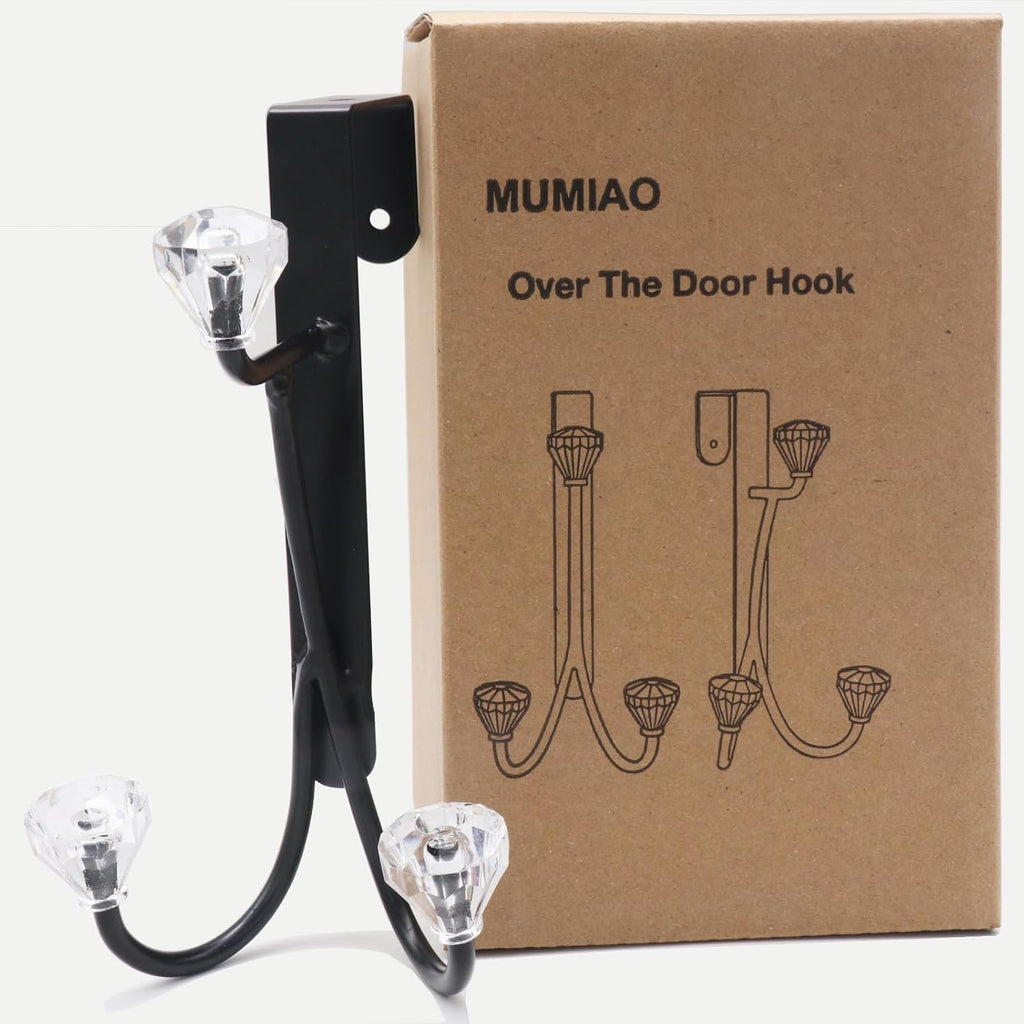 Over The Door Hook, Door Hanger Hook 3 Diamonds Hangers with Sturdy Metal for Hanging Clothes, Towels, Coats, Bags, Hats (Black 2 Pack)