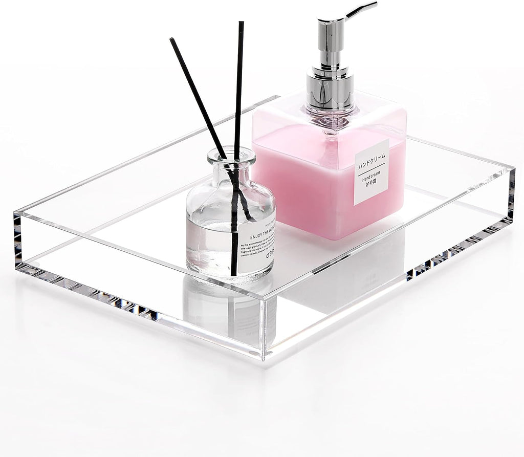 DINGHUO Acrylic Perfume Bathroom Vanity Counter Tray, Clear 9.45"x7.09"x1.38" Rectangle Countertop Organizer for Jewelry Candles Soap Makeup Toilet Tank Kitchen - 1 Pack