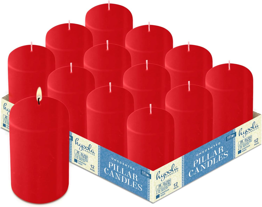 HYOOLA Red Pillar Candles 2x4 Inch - 12 Pack Unscented Bulk Pillar Candles - European Made