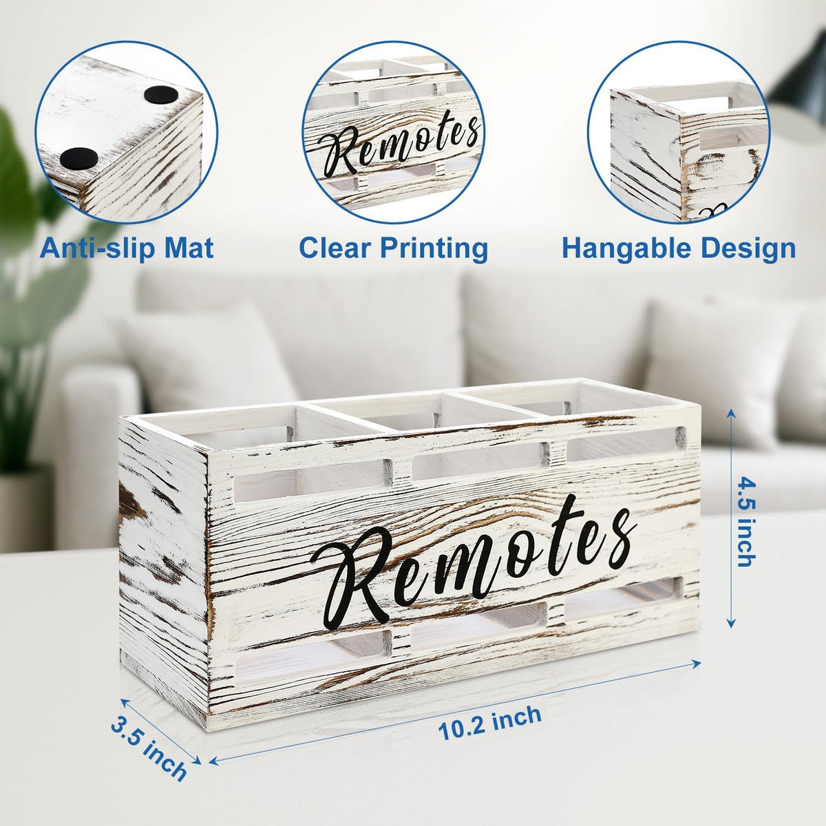 Rustic White Wooden Remote Control Holder for Wall Mount Table TV Organizer