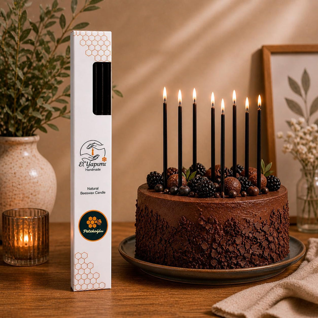 Petekoğlu 15-Pack Beeswax Wish Candles – Handcrafted, Drip-Free, Smoke-Free Slim Taper Candles for Rituals, Meditation, Birthday & Home Décor – Natural Honey Scent 7.87” x 0.24” (Black)