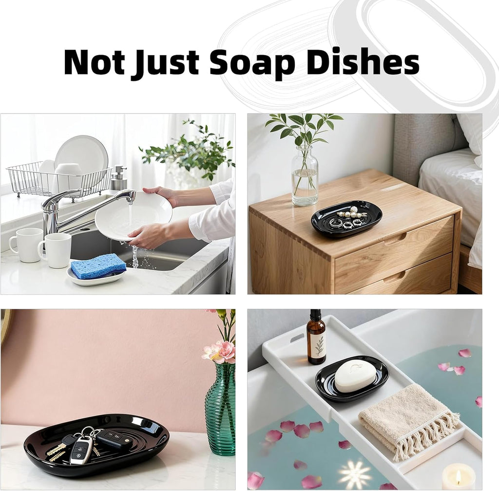 Ceramic Soap Dish for Bath Sink- Modern Black Bar Soap Holder for Shower - Easy to Clean Multi-Purpose Oval Soap Dishes for Soap Bar, Sponges, Jewelry, Small Items | Fits Bathroom & Kitchen