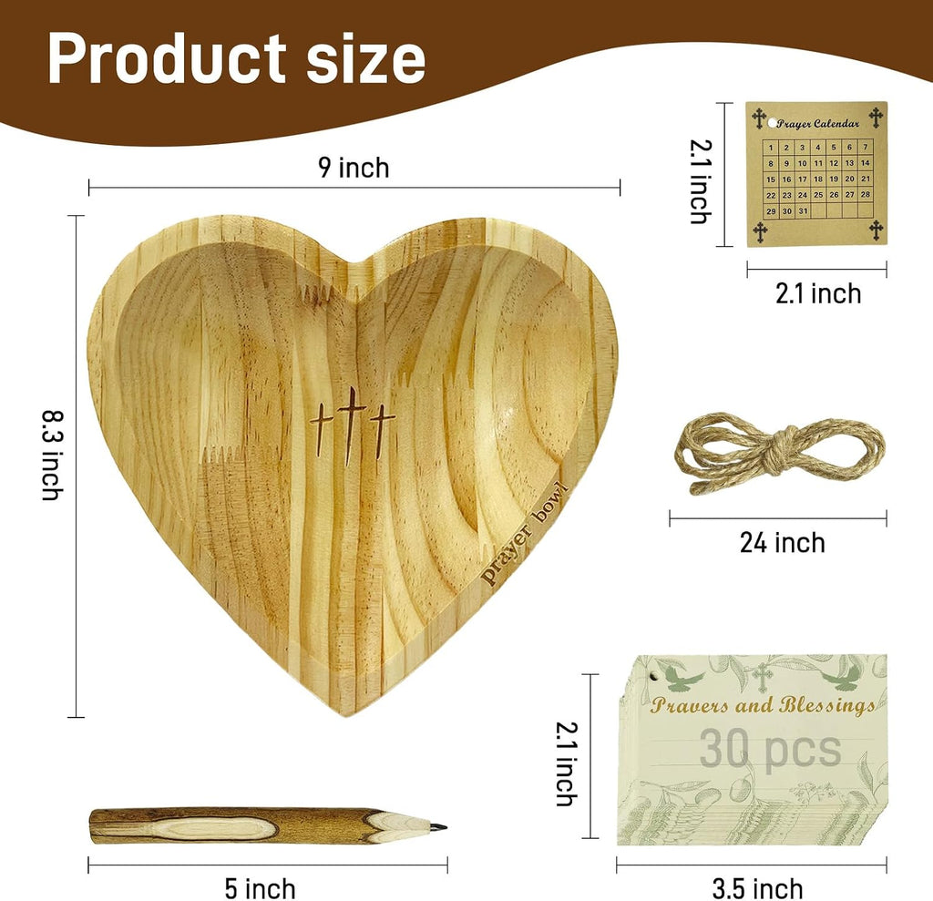 Heart Prayer Bowl with 30 Cards, Light Wood, Christian Gift