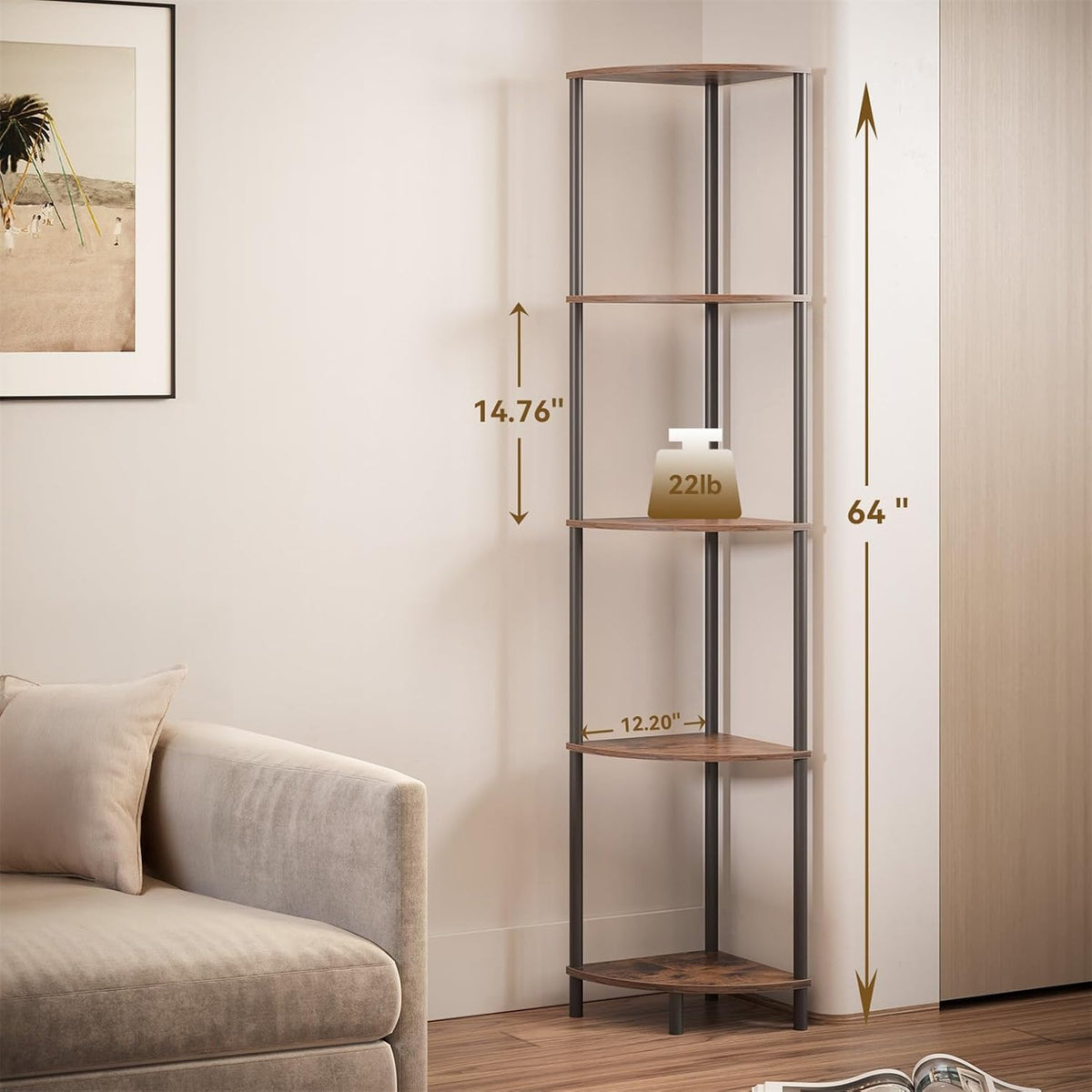 SUNMORY 5 Tier Corner Shelf with LED Light, Industrial 65" Corner Shelves