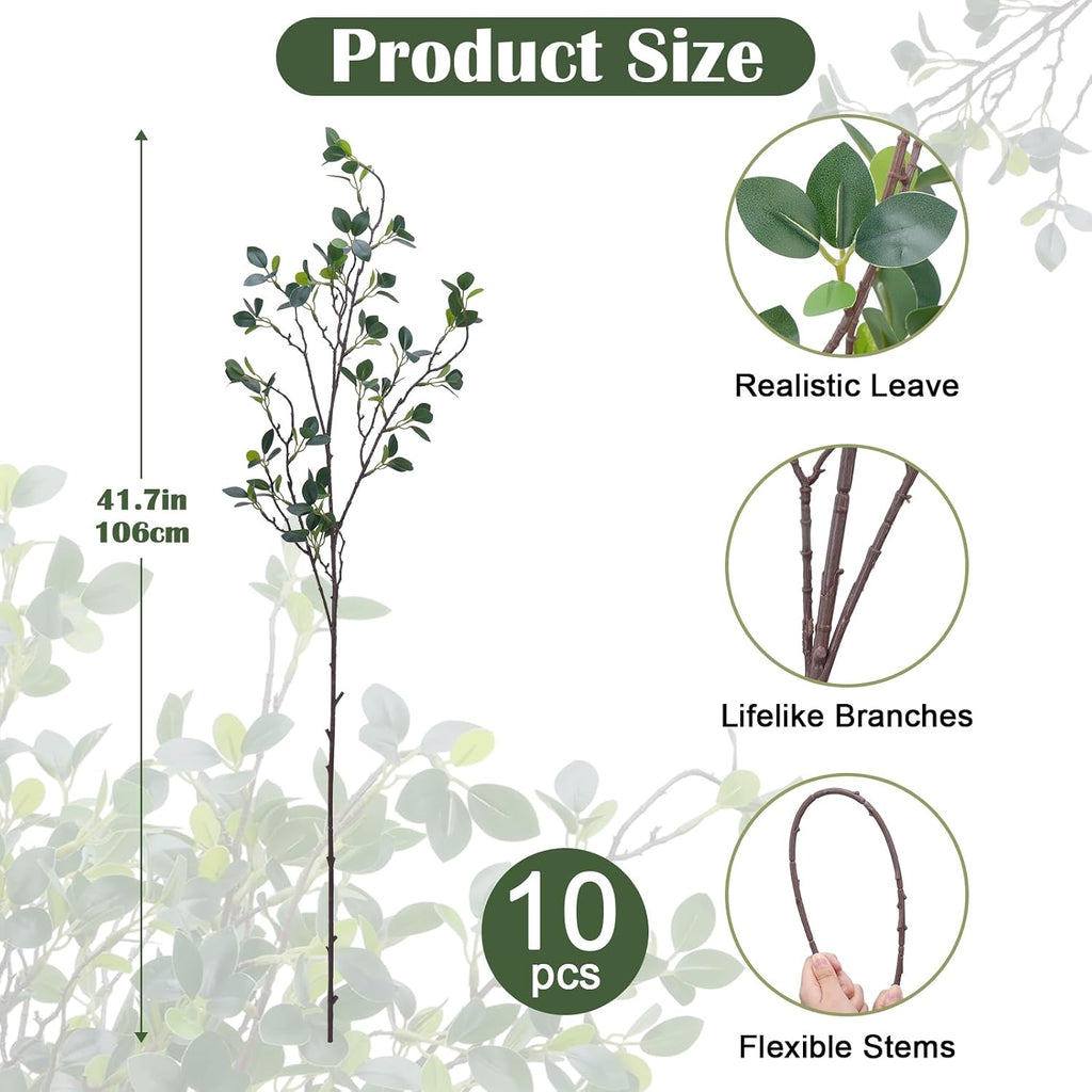 10Pcs Artificial Greenery Stems 43" Faux Ficus, Eucalyptus Stems