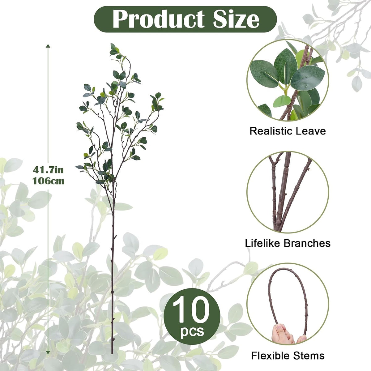 10Pcs Artificial Greenery Stems 43" Faux Ficus, Eucalyptus Stems