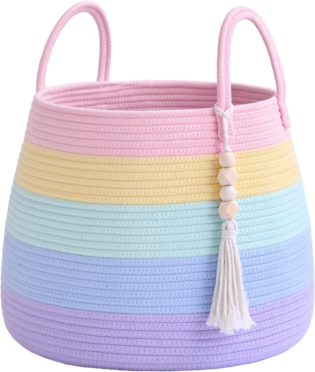 Large Nursery Hamper, 30L Blanket Basket with Handle, Baby Laundry Basket for Gift, Toy, Clothes, Woven Storage Basket with Wooden Bead Decor, Baby Hamper for Nursery (Black&Brown)