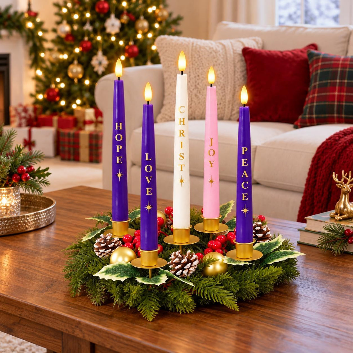 Flameless Advent Candles, Christmas Taper Candles Church Christian Decor