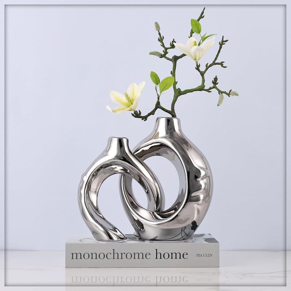 Silver Ceramic Vase Set of 2, Modern Donut Vases for Living Room Decor