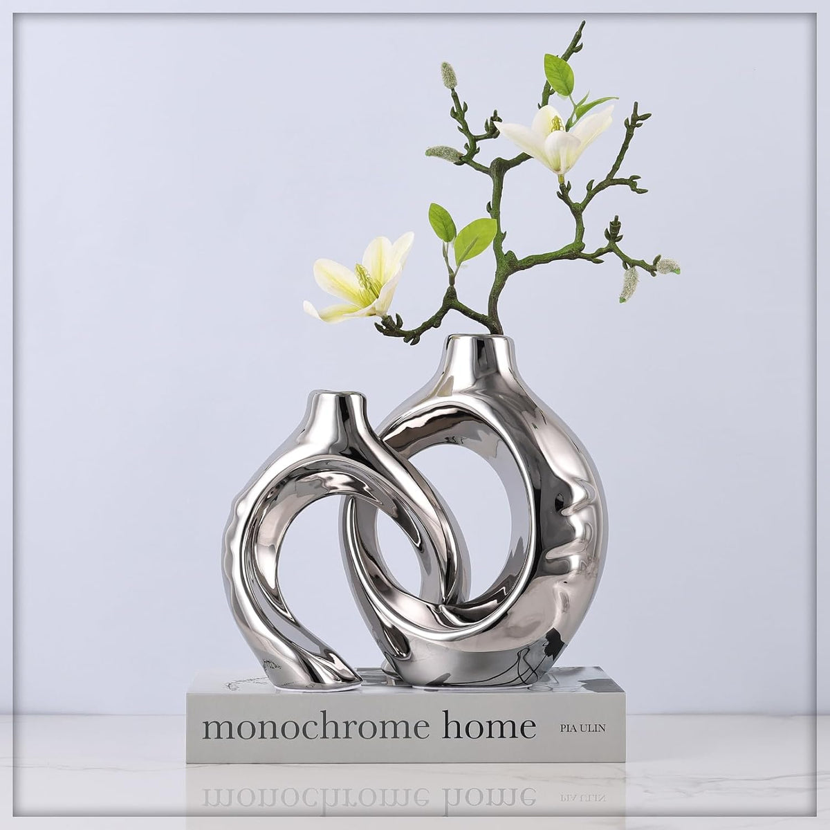 Silver Ceramic Vase Set of 2, Modern Donut Vases for Living Room Decor