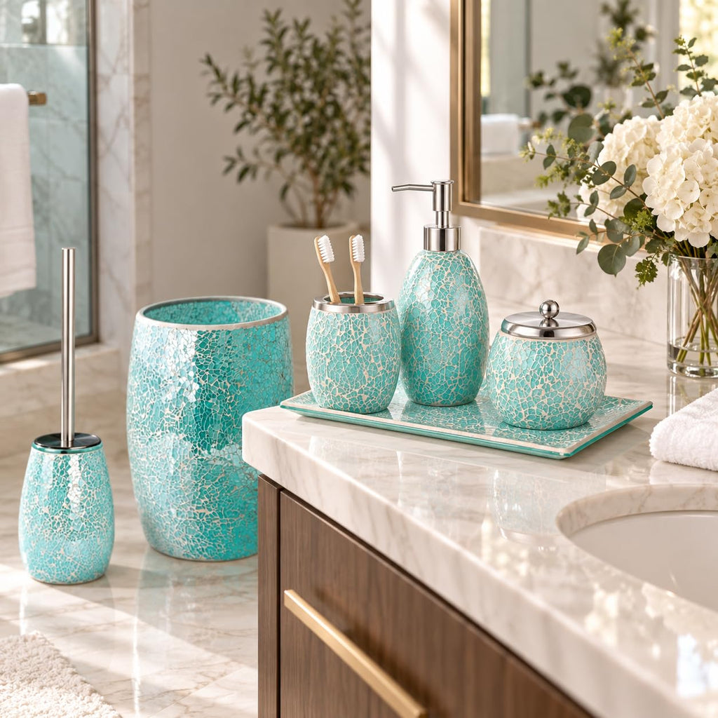 Escenzy Turquoise Bathroom Trash Can, Handmade Mosaic Glass 1.3 Gal / 5L | Decorative Waste Basket for Bathroom, Bedroom, Office | Luxury Coastal Bathroom Decor | Boho Home Decor Gift