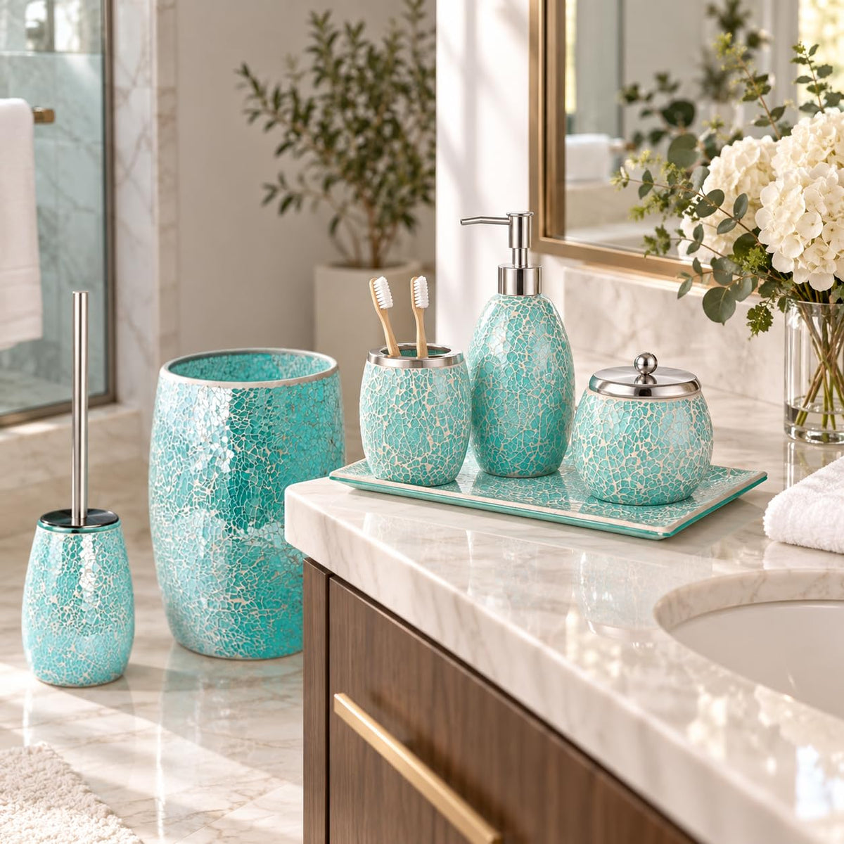 Escenzy Turquoise Bathroom Trash Can, Handmade Mosaic Glass 1.3 Gal / 5L | Decorative Waste Basket for Bathroom, Bedroom, Office | Luxury Coastal Bathroom Decor | Boho Home Decor Gift