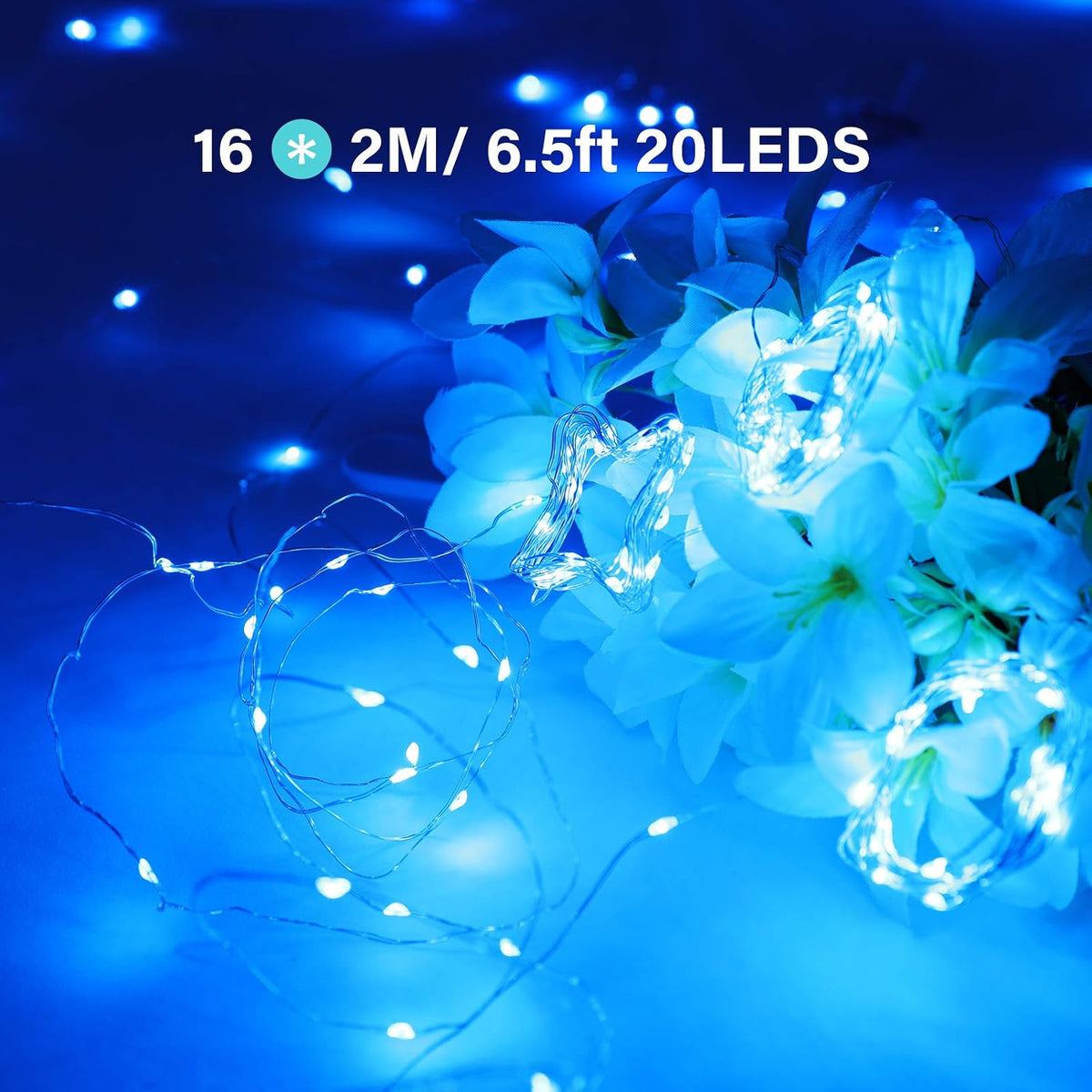 Onforu 16 Pack Blue Fairy Lights Battery Operated String Lights, 6.5ft 20 Mini LED Lights, IP67 Waterproof Twinkle Lights for Mason Jar Wedding Centerpiece Decor Christmas Bedroom