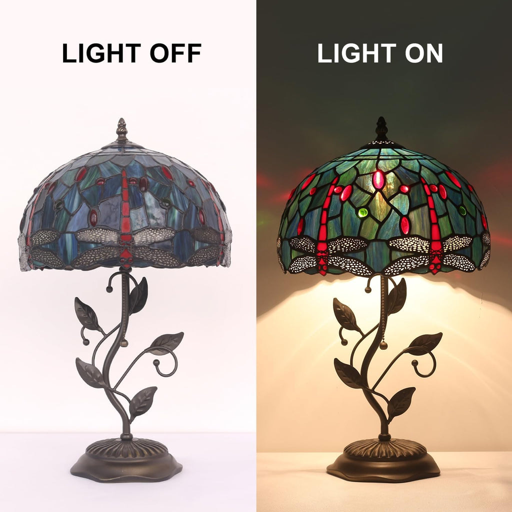 Stained Glass Table Lamp,12x12x20 Inch Antique Table Lamp,Leaf Base Decor Lamp for Tiffany Style Bedroom、Living Room、Home、Office (Red Dragonfly)