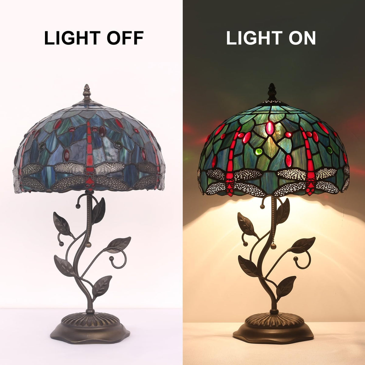Stained Glass Table Lamp,12x12x20 Inch Antique Table Lamp,Leaf Base Decor Lamp for Tiffany Style Bedroom、Living Room、Home、Office (Red Dragonfly)