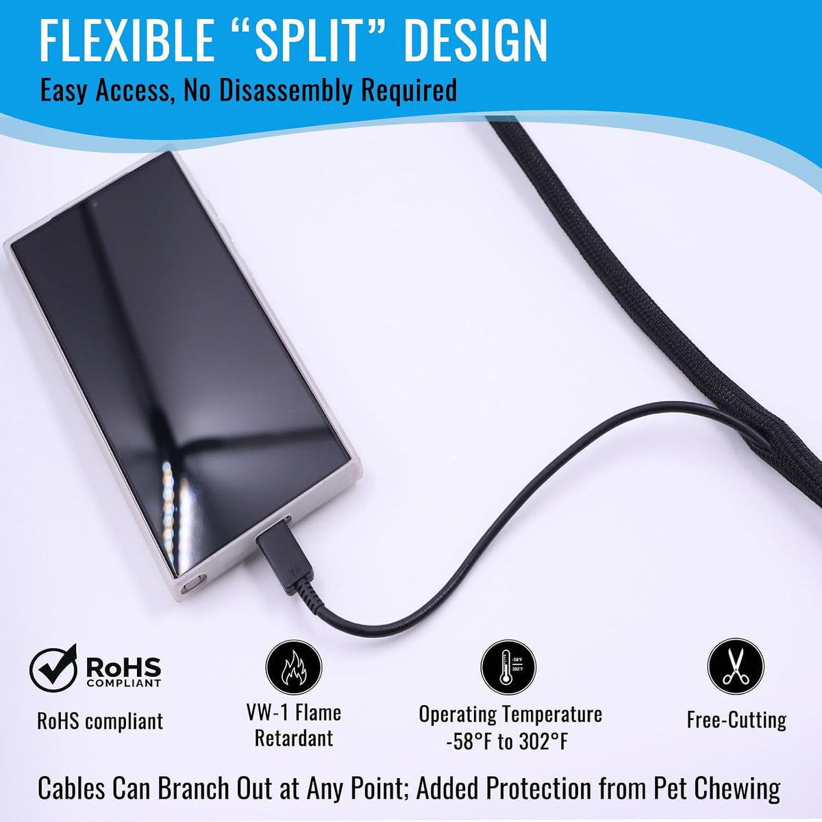 1/2" - 10Ft Split Braided Cable Sleeve, Wire Loom Tubing, Black