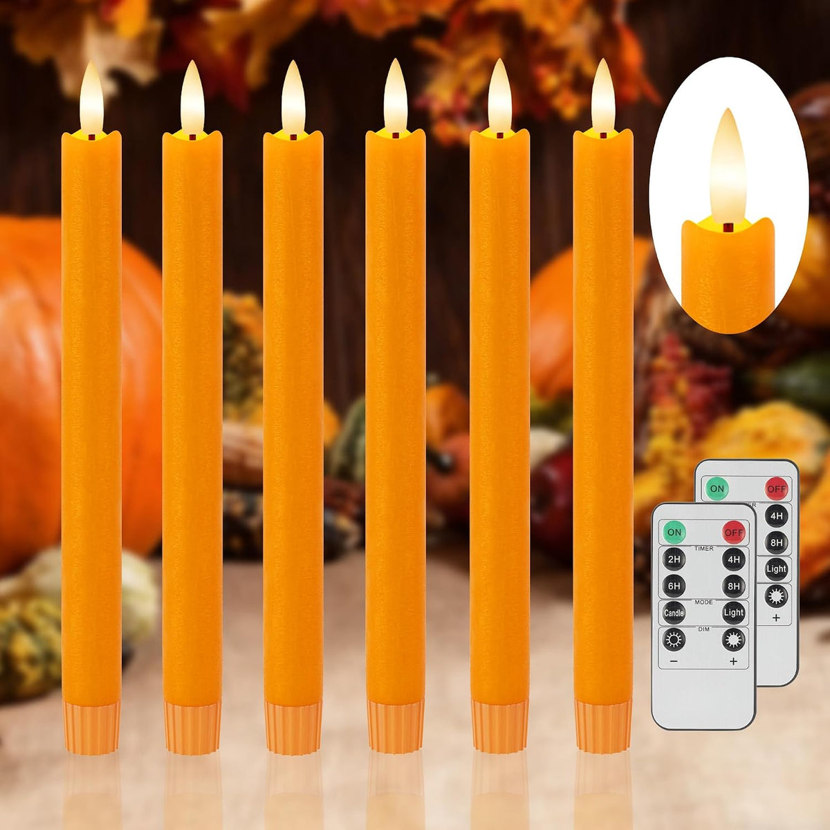 6 Pack Orange Flameless Taper Candles with Remote&Timer, Thanksgiving Battery Operated Candles with Flickering Wick, Fall Candlestick Harvest and Thanksgiving for Home Decor