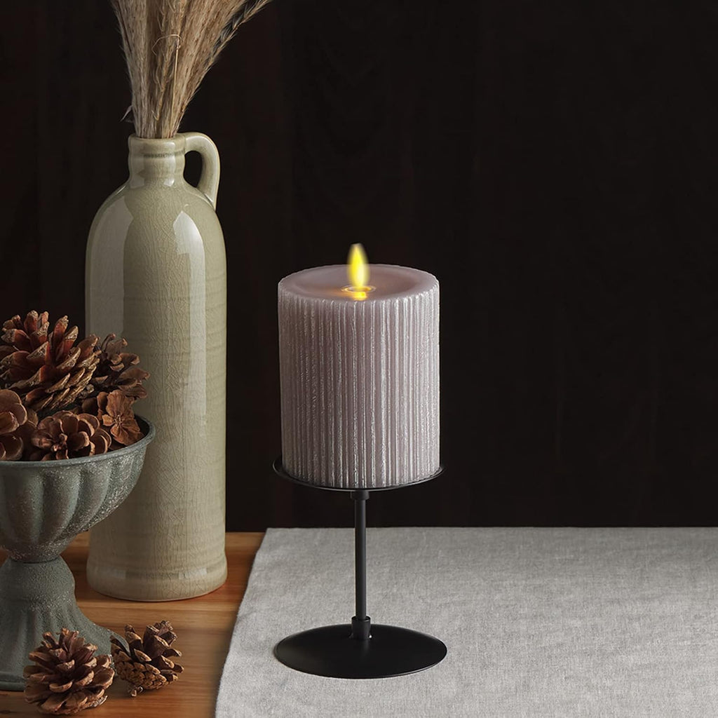 Luminara - Flameless Flickering Real Wax Moving Flame Battery Operated Unscented Candle LED Décor & Gift- Embossed Pillar Collection - Everyday Metallic Furrow, Grey (3.25" x 4.5")