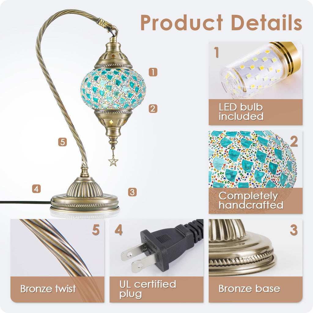 Yarra-Decor Turkish Moroccan Lamp with Bronze Base 3 Color Options Handmade Swan Neck Mosaic Glass Bedside Lamps for Bedroom (LED Bulb Included)(Colorful4)