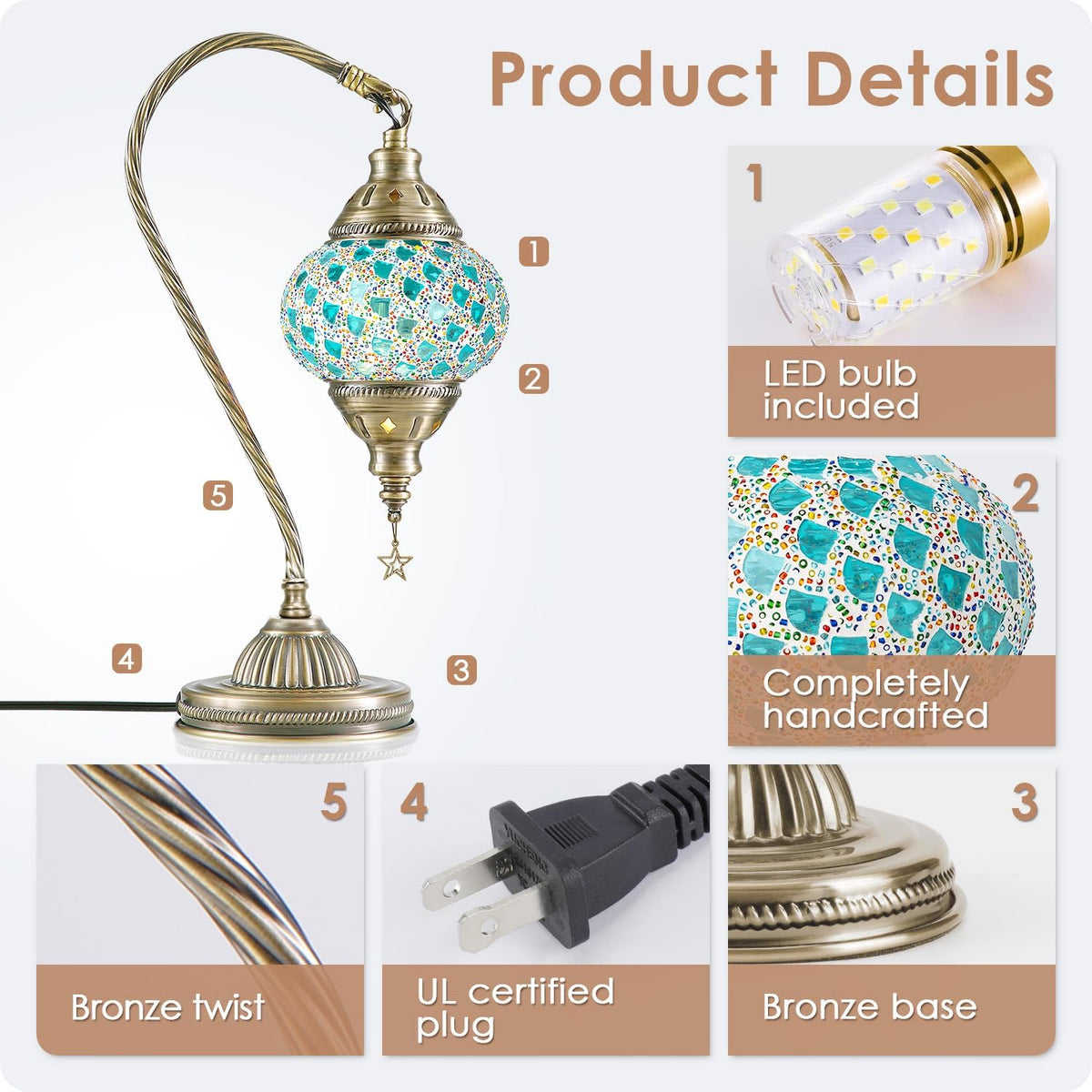 Yarra-Decor Turkish Moroccan Lamp with Bronze Base 3 Color Options Handmade Swan Neck Mosaic Glass Bedside Lamps for Bedroom (LED Bulb Included)(Colorful4)