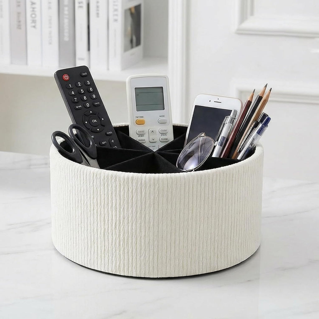 Remote Control Holder, 360°Spinning PU Leather Desk TV Remote Caddy,Desk Storage Box Room Accessories for Controller, Media,Mail,Calculator, Mobile Phone,Pencil(1-Big Wood Beige)