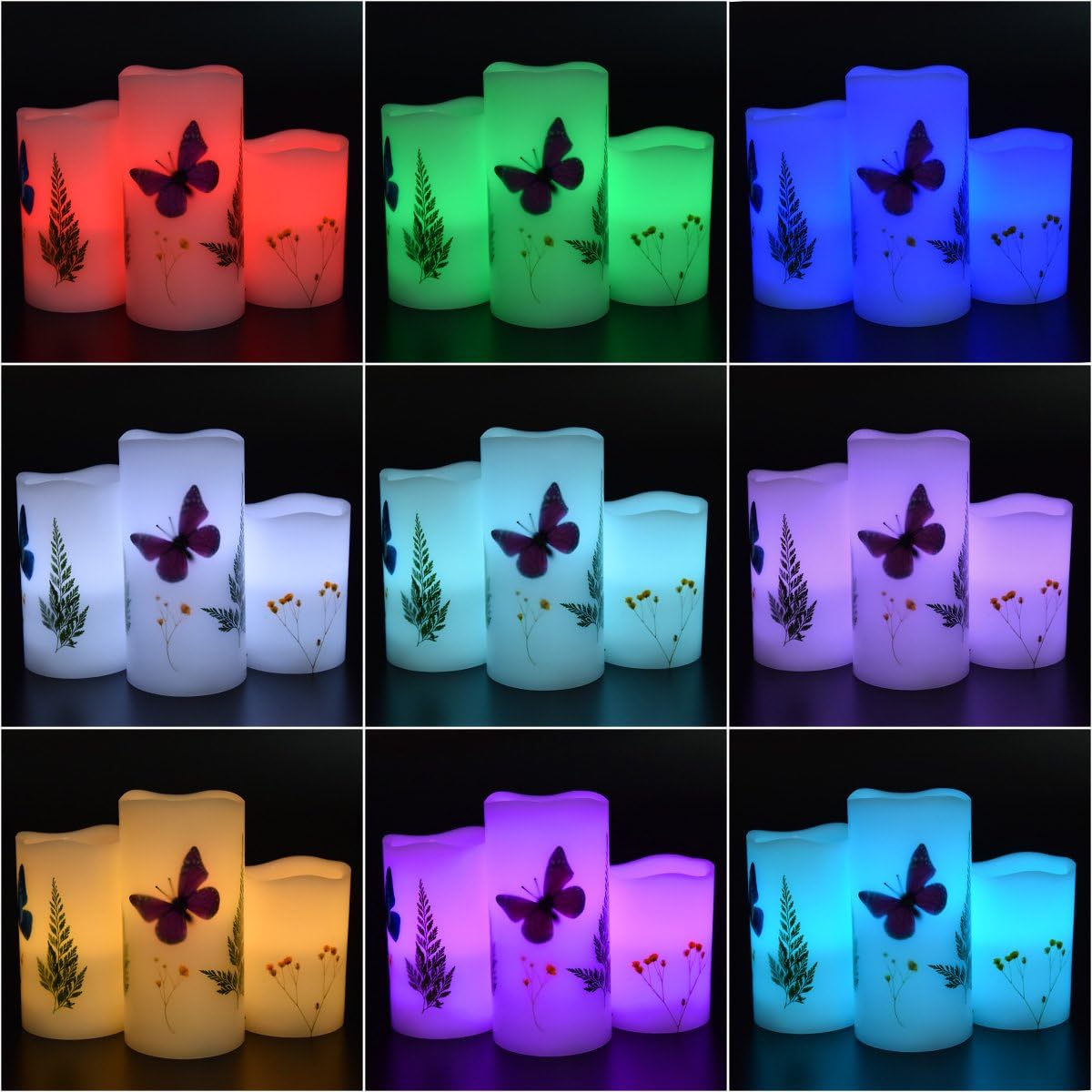 Candles Set of 3 Flameless 4" 5" 6" Unscented Tealight Butterfly Flower Plants Decor Real Wax Pillar Candle LED Lights 12 Color Changing 4H 8H Timer Remote Control AAA Batteries Operated