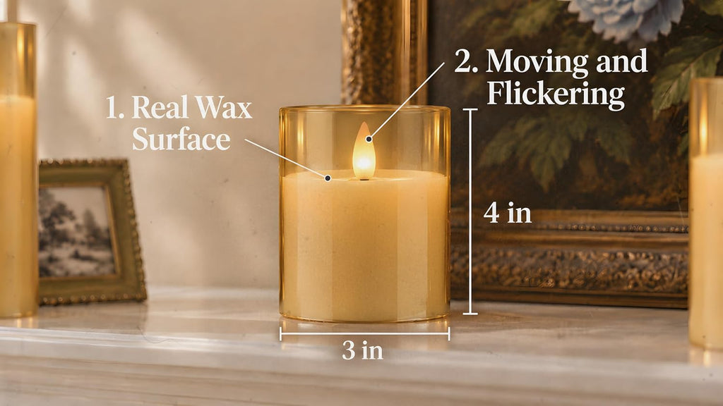 Glass Flameless Pillar Candles Flickering with Remote Timer, Battery Operated LED 3D Moving Flame Real Wax Candles,Remote Included (Champagne)