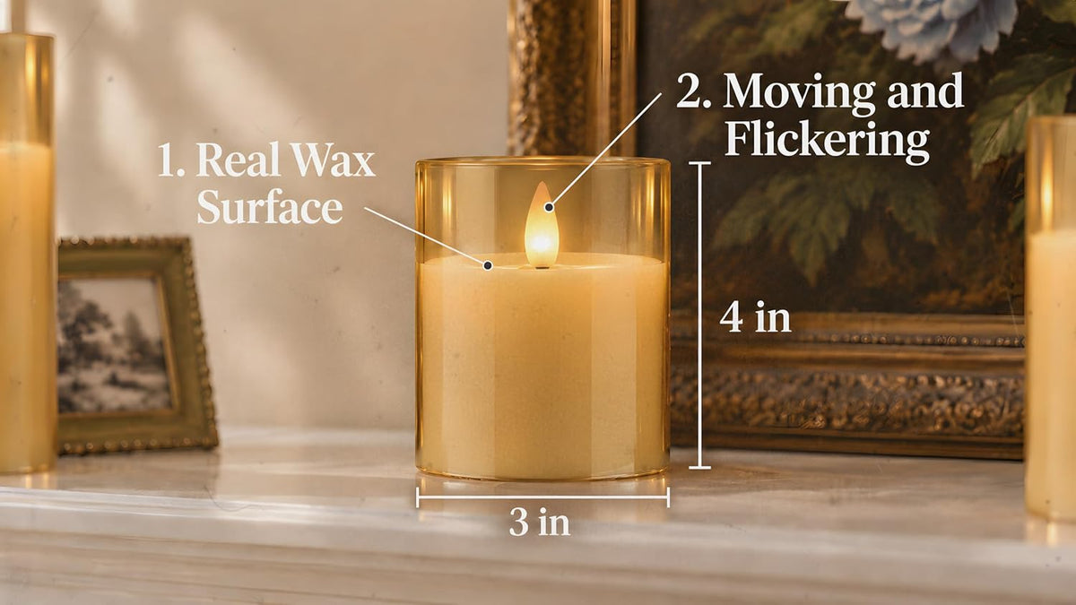 Glass Flameless Pillar Candles Flickering with Remote Timer, Battery Operated LED 3D Moving Flame Real Wax Candles,Remote Included (Champagne)
