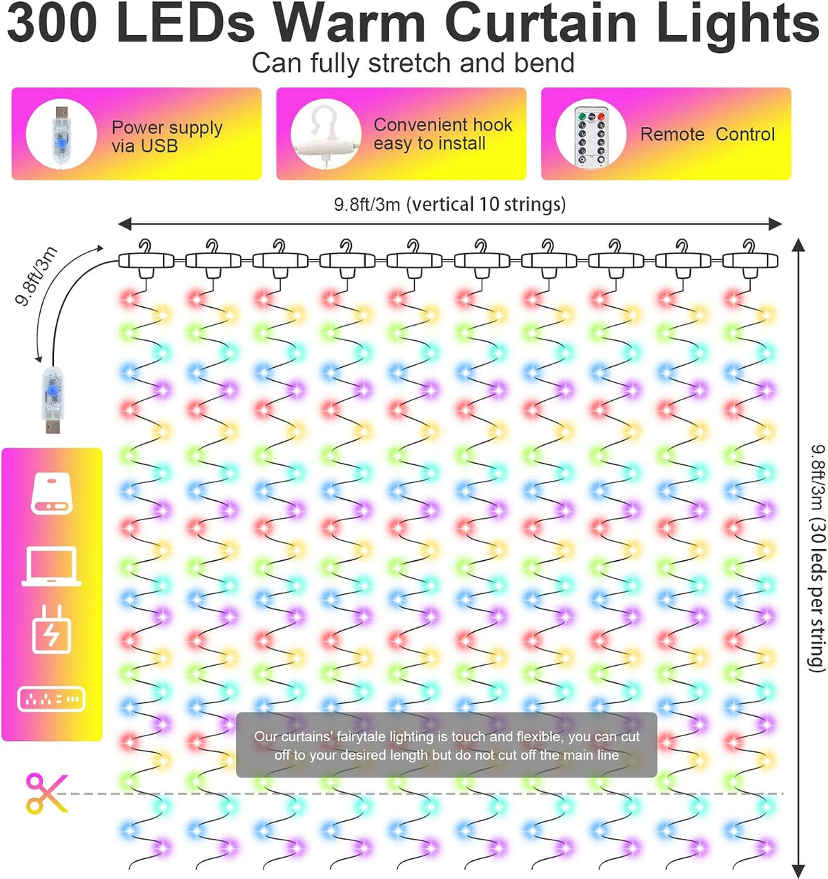 Curtain Fairy Lights, 3m x 3m 300 LEDs USB Operated 8 Modes String Light Indoor Waterproof Hanging Window Lights with Hooks for Christmas, Wedding, Party,Wall, Home Decorations (Multi-Color)