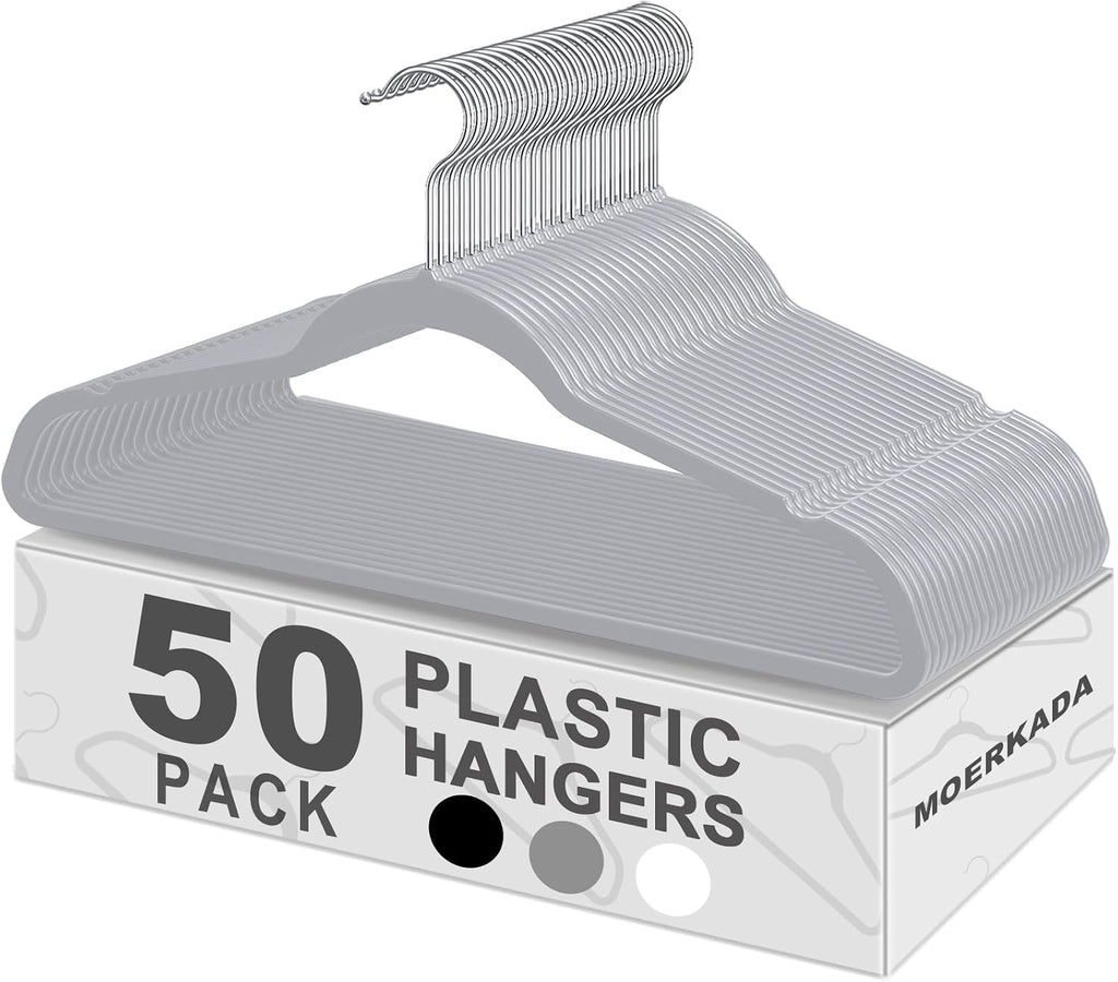 50 Pack Slim Plastic Clothes Hangers Grey