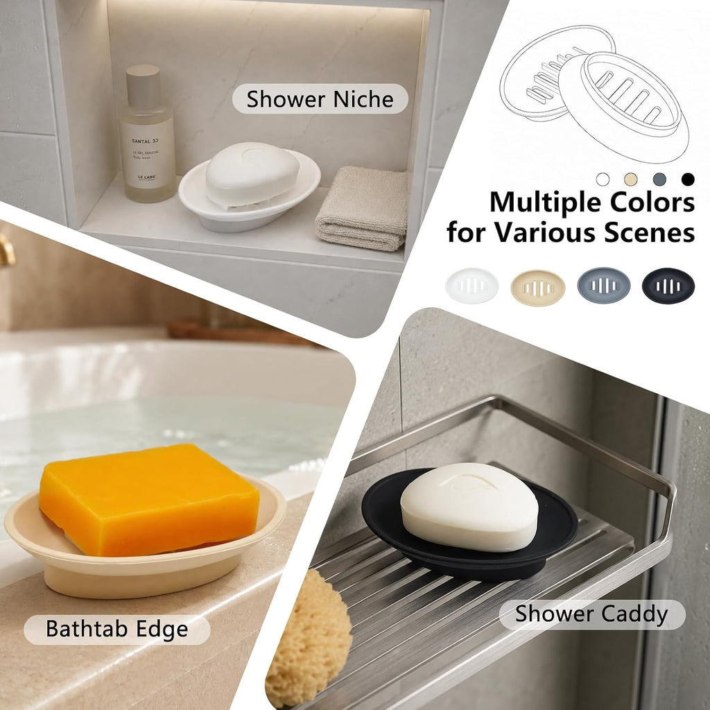 2 Pack Soap Bar Holder, Small Oval Silicone Soapdish Soap Tray for Shower/Bathroom Sink/Kitchen Counter/Bathtub, Non-Slip Central Raised Ridges Soap Stand Dish with Long Slotted Drain Holes